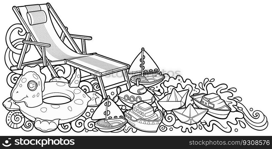 Cartoon funny cute doodles hand drawn summer beach children’s entertainment illustration. Many leisure objects line art vector background.