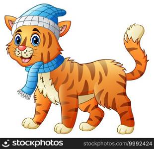 Cartoon funny dressed cat or tiger in the scarf and hat