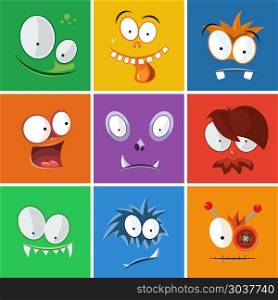 Cartoon funny faces with emotions. Monsters expression vector set. Cartoon funny faces with emotions. Monsters expression vector set. Expression icon monster and emotion funny face of character monster illustration