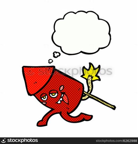 cartoon funny firework character with thought bubble