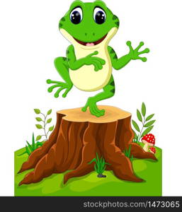 Cartoon funny frog dancing on tree stump