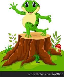 Cartoon funny frog dancing on tree stump