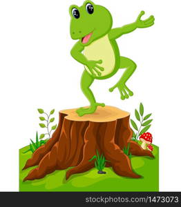 Cartoon funny frog dancing on tree stump