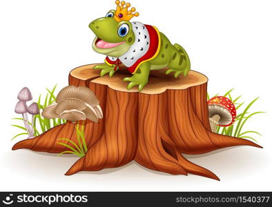Cartoon funny frog king sitting on tree stump