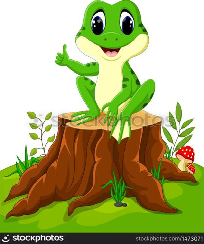 Cartoon funny frog sitting on tree stump