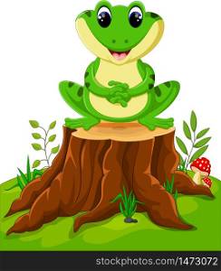 Cartoon funny frog sitting on tree stump