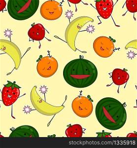Cartoon funny fruits characters isolated on background illustration. Funny fruit face icon.. Funny fruits doodle seamles vector pattern. Summer fitness fruits background