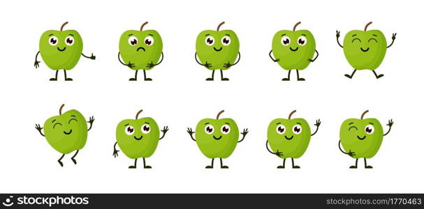 Cartoon funny fruits. Happy apple with face. Summer fruit apple characters isolated on white. Vector illustration in flat style. Cartoon funny fruits.