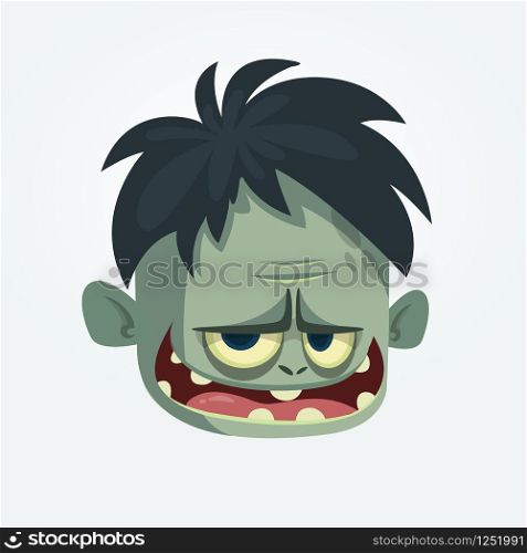 Cartoon funny gray zombie hairy head. Vector illustration