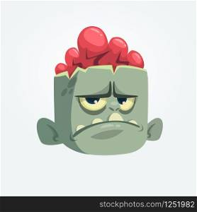 Cartoon funny gray zombie head with upset emotion. Vector illustration for Halloween