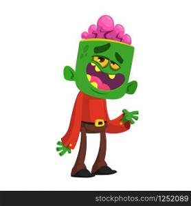 Cartoon funny green zombie growling. Halloween vector illustration of monster