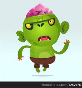 Cartoon funny green zombie. Halloween vector illustration of angry monster