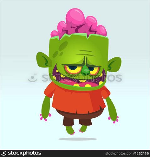 Cartoon funny green zombie. Halloween vector illustration of happy monster. Design for print, sticker, emblem, mascot , greetings invitation or party