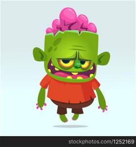 Cartoon funny green zombie. Halloween vector illustration of happy monster. Design for print, sticker, emblem, mascot , greetings invitation or party
