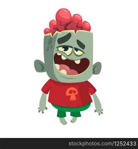 Cartoon funny green zombie. Halloween vector illustration of zombie creature.