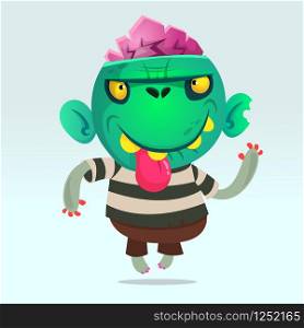 Cartoon funny green zombie showing tongue. Halloween vector illustration of happy monster