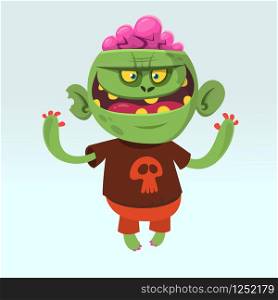 Cartoon funny green zombie wearing t-shirt with a skull. Halloween vector illustration of happy monster