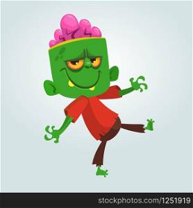 Cartoon funny green zombie with big head in brown pants and red t-shirt walking to the right and growling on a light gray background. Apocalypse, dead, halloween. Vector illustration.