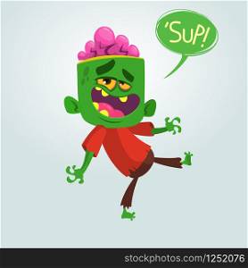 Cartoon funny green zombie with big head in brown pants and red t-shirt walking to the right and growling on a light gray background. Apocalypse, dead, halloween. Vector illustration.
