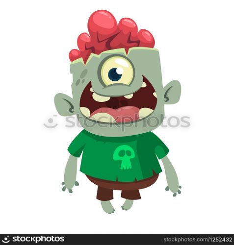 Cartoon funny green zombie with one eye. Halloween illustration. Design for poster, party invitartion, package or logo