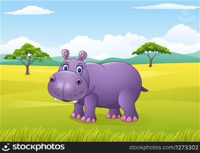 Cartoon funny hippo in the African landscape
