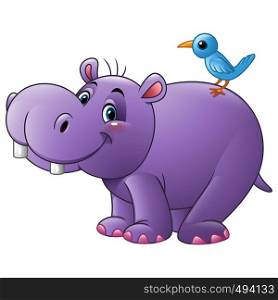 Cartoon funny hippo with bird