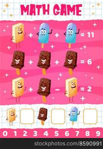 Cartoon funny ice cream dessert characters math game worksheet. Vector school or preschool educational maze. Puzzle for calculation mathematics skills development, education riddle for kids learning. Cartoon ice cream dessert characters math game