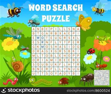 Cartoon funny insects on meadow, word search puzzle or quiz game, vector, worksheet. Kids riddle grid to search and find words of bee, wasp or bumblebee with bug, ant and caterpillar in forest. Cartoon funny insects on meadow word search puzzle