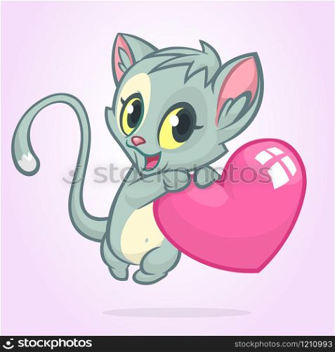 Cartoon funny kitty holding a love heart. Vector illustration for St Valentines Day. Isolated