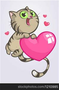 Cartoon funny kitty holding a love heart. Vector illustration of a cat in love for St Valentines Day. Isolated