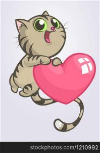 Cartoon funny kitty holding a love heart. Vector illustration of a cat in love for St Valentines Day. Isolated