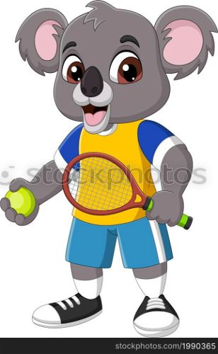 Cartoon funny koala playing a tennis