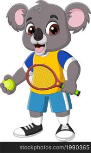 Cartoon funny koala playing a tennis