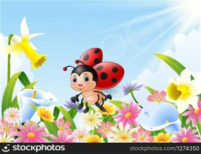 Cartoon funny ladybug flying over flower field