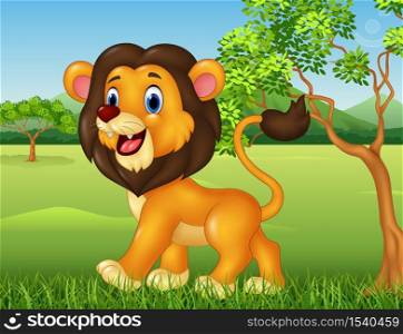 Cartoon funny lion walking in jungle background