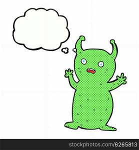 cartoon funny little alien with thought bubble