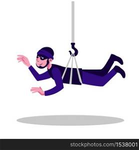 Cartoon funny man thief in mask hang on wire isolated on white background. Colorful male burglar on steel rope gangster criminal human during mission vector flat illustration. Cartoon funny man thief in mask hang on wire isolated on white background
