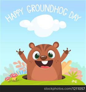 Cartoon funny marmot looking out of a burrow in the ground on a spring background with bushes, grass and flowers. Happy Groundhog day
