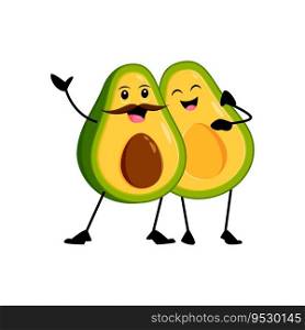 Cartoon funny mexican avocado couple characters with smiling faces, showcasing their love and unity in a fun and charming way. Isolated vector male and female halves hugging and exude tenderness. Cartoon funny mexican avocado couple characters