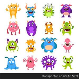 Cartoon funny monster characters. Cute comic creatures isolated vector set. Joyful kawaii Halloween personages. Devils, goblins, aliens, smiling mutants with horns, wings, fangs, eyes, tongues, tails. Cartoon funny monster characters, cute creatures