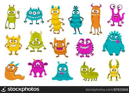 Cartoon funny monster characters. Cute comic creatures, joyful halloween personages isolated vector set. Devils, goblins, aliens kawaii smiling mutants with horns, wings, fangs, eyes, tongues, tails. Cartoon funny monster characters, comic creatures