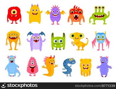 Cartoon funny monster characters. Cute comic halloween joyful personages. Isolated vector devils, goblins, ugly aliens, kawaii smiling creatures. Mutants with horns, wings, fangs and eyes, tongues. Cartoon funny monster characters, cute personages