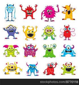 Cartoon funny monster characters. Cute comic mutants, halloween personages. Isolated joyful vector goblins, devils and ugly aliens, kawaii smiling creatures with horns, tentacles, fangs and big eyes. Cartoon funny monster characters, comic mutants