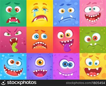 Cartoon funny monster faces in squares, cute monsters characters. Halloween spooky face, creatures with various emotions vector set. Aliens with different expressions as happy, crying and sad. Cartoon funny monster faces in squares, cute monsters characters. Halloween spooky face, creatures with various emotions vector set