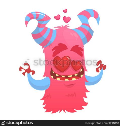 Cartoon funny monster in love. St Valentines monster. Illustration Of Loving Monster And Hearts.