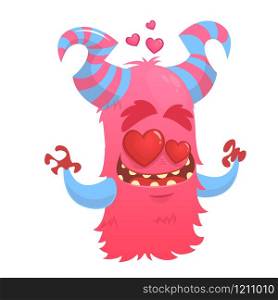 Cartoon funny monster in love. St Valentines monster. Illustration Of Loving Monster And Hearts.