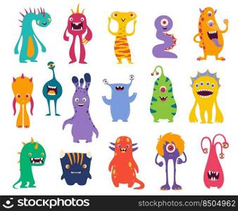 Cartoon funny monsters, cute characters of vector alien animals and Halloween beasts with happy faces, comic mouths, fun teeth, eyes and horns. Crazy monsters, space creatures, bacteria and viruses. Cartoon funny monsters, Halloween cute characters