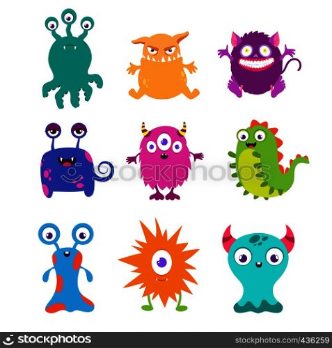 Cartoon funny monsters vector set for t-shirt design. Monster character animal, happy alien demon drawing illustration. Cartoon funny monsters vector set for t-shirt design