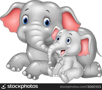 Cartoon funny Mother and baby elephant isolated on white background
