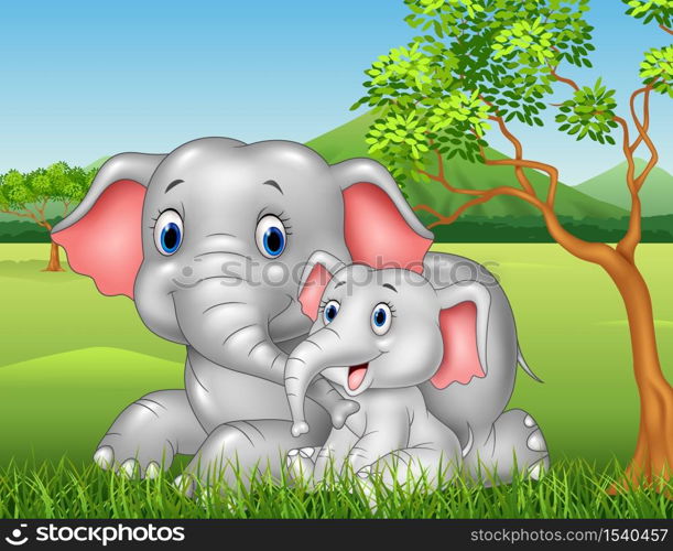 Cartoon funny Mother and baby elephant on jungle background